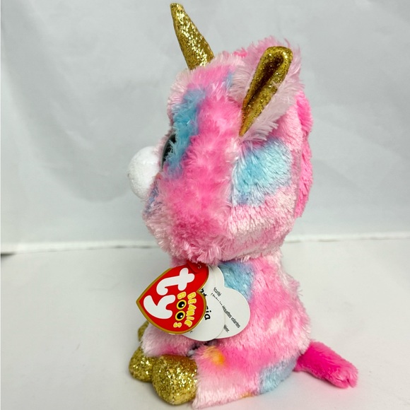 Ty Beanie Boo Pink Plush Unicorn Fluffy Fantasia Sparkly Gold Eyes Horn Feet NWT - Picture 4 of 11
